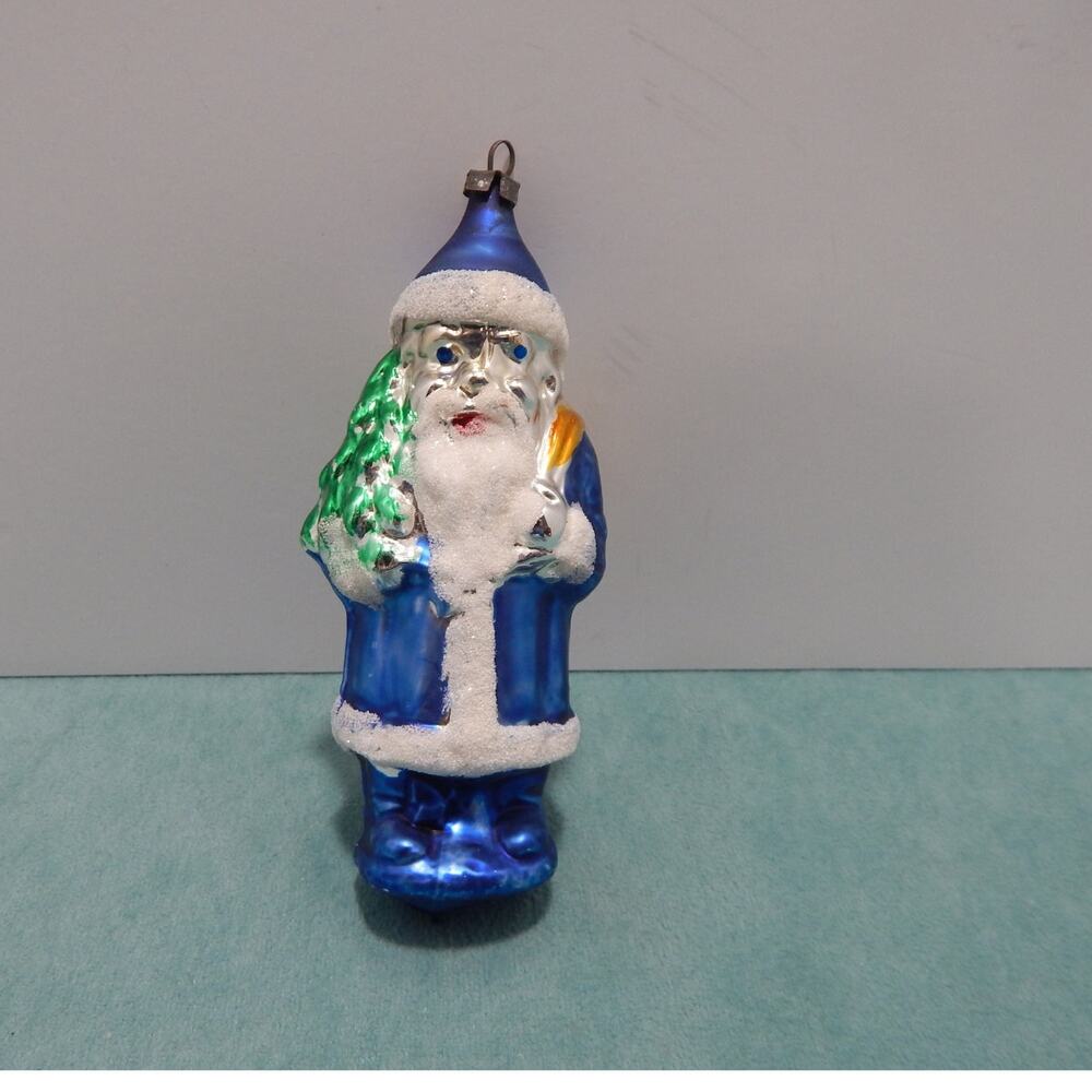 Vintage Christmas Tree Ornament Santa Claus Blue Robe Blown Glass Germany